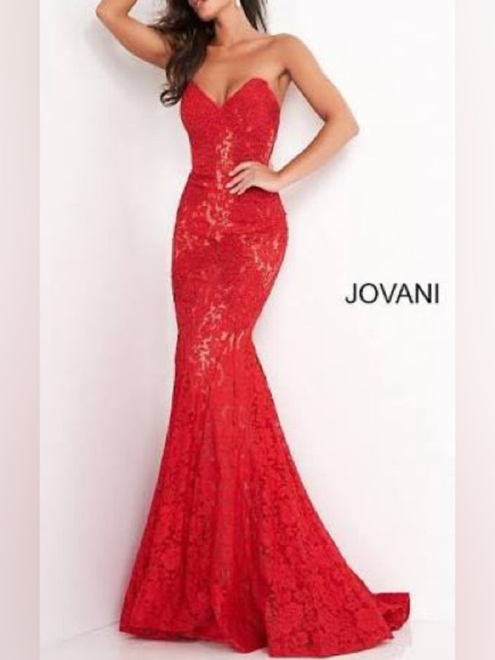 Jovani red beaded strapless mermaid lace maxi dress sz 2